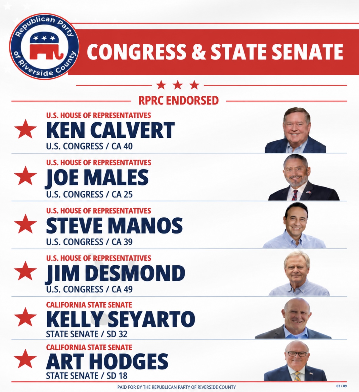 Congress and State Senate endorsements: Ken Calvert, U.S. Congress CA 40. Joe Males, U.S. Congress CA 25. Steve Manos, U.S. Congress CA 39. Jim Desmond, U.S. Congress CA 49. Kelly Seyarto, State Senate SD 32. Art Hodges, State Senate SD 18.